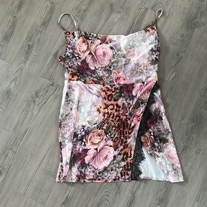 Missguided, pink floral leopard print, satin wrap, mini dress, size 14